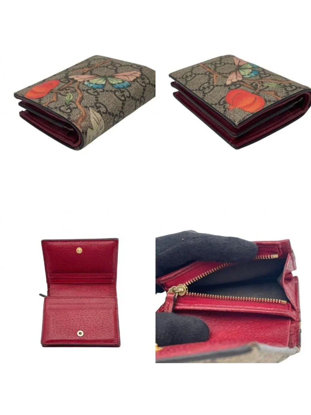 Gucci GG Supreme Tian Compact Wallet Mini Folding Leather Beige Multicolor Gold
